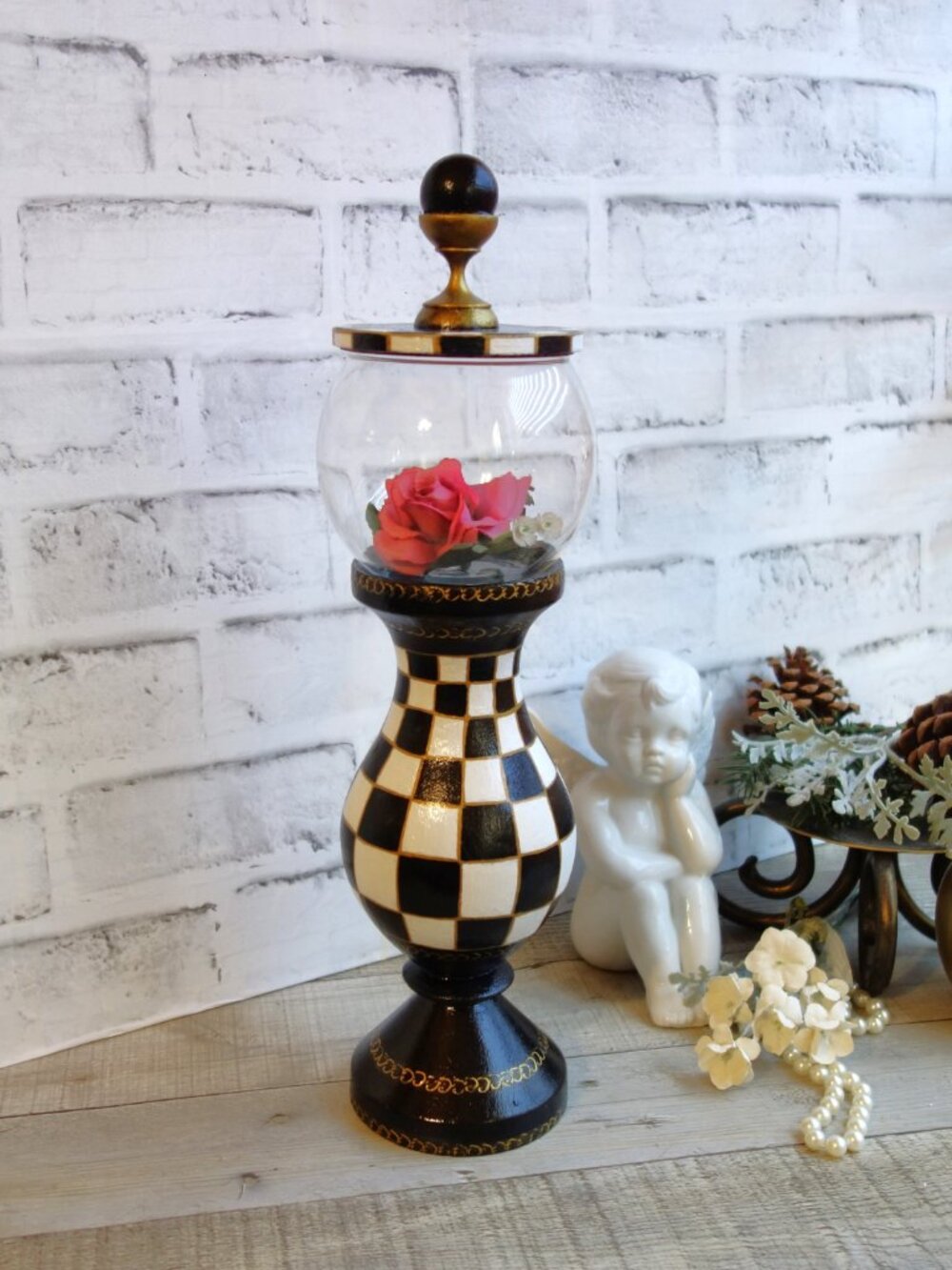 Reverse Cloche Checked Mantle Decor Checkered Candlestick Checked Centerpiece